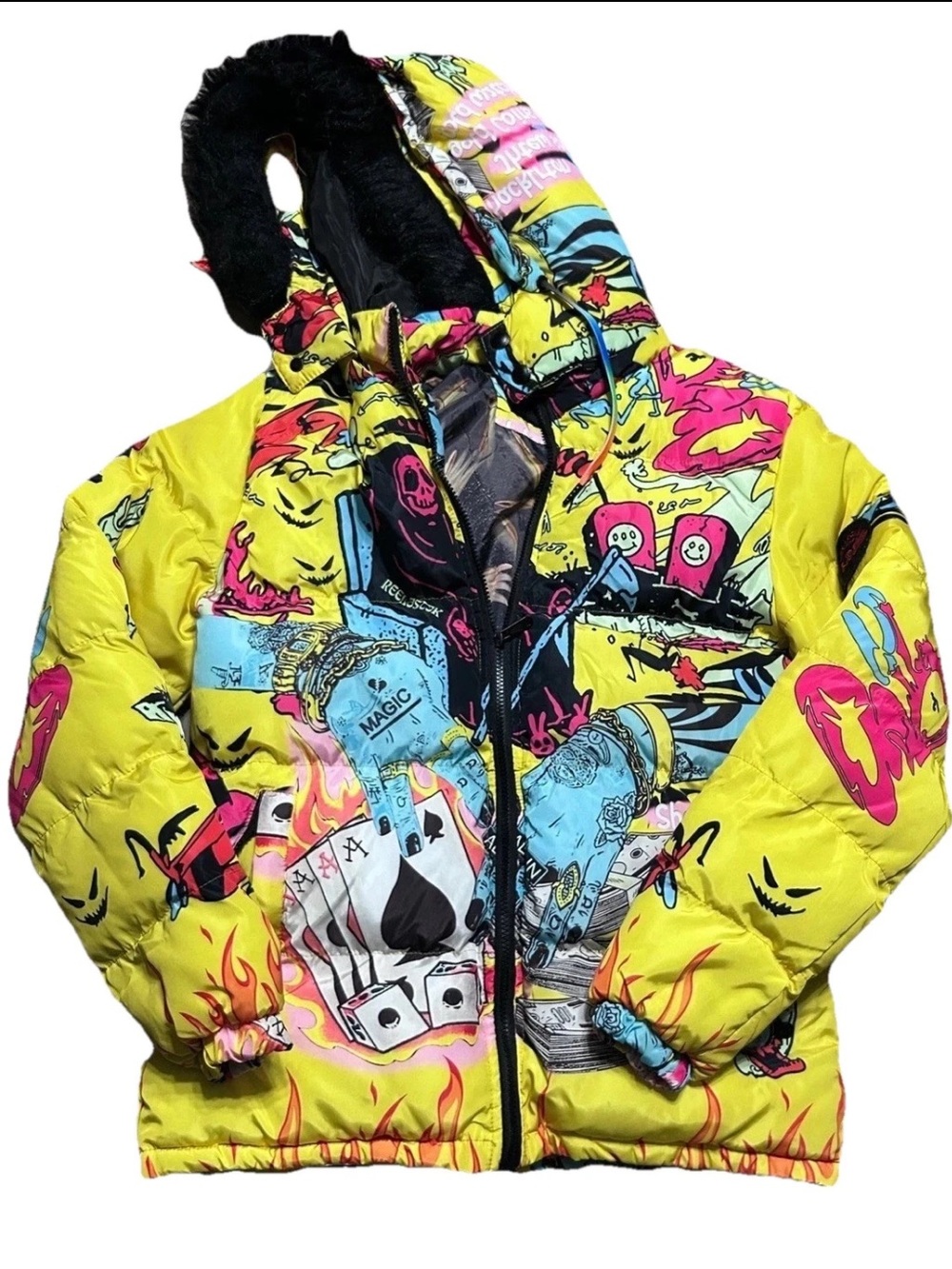 Reelistik RST Yellow All In Puffer Jacket Mens Large Ski Snowboard Graphic Coat